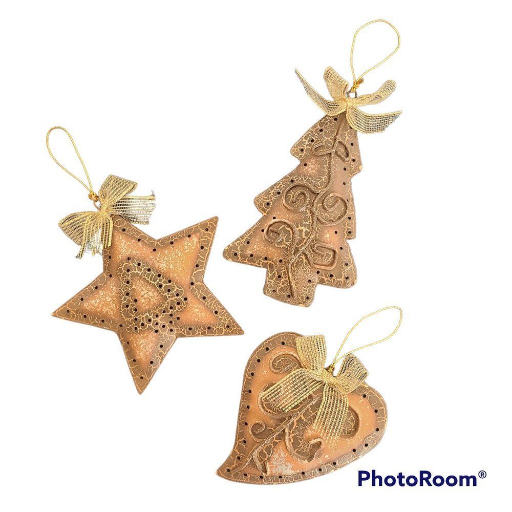 Vintage Textured Metal Holiday Christmas Tree Star Heart Ornaments Set Of Three
